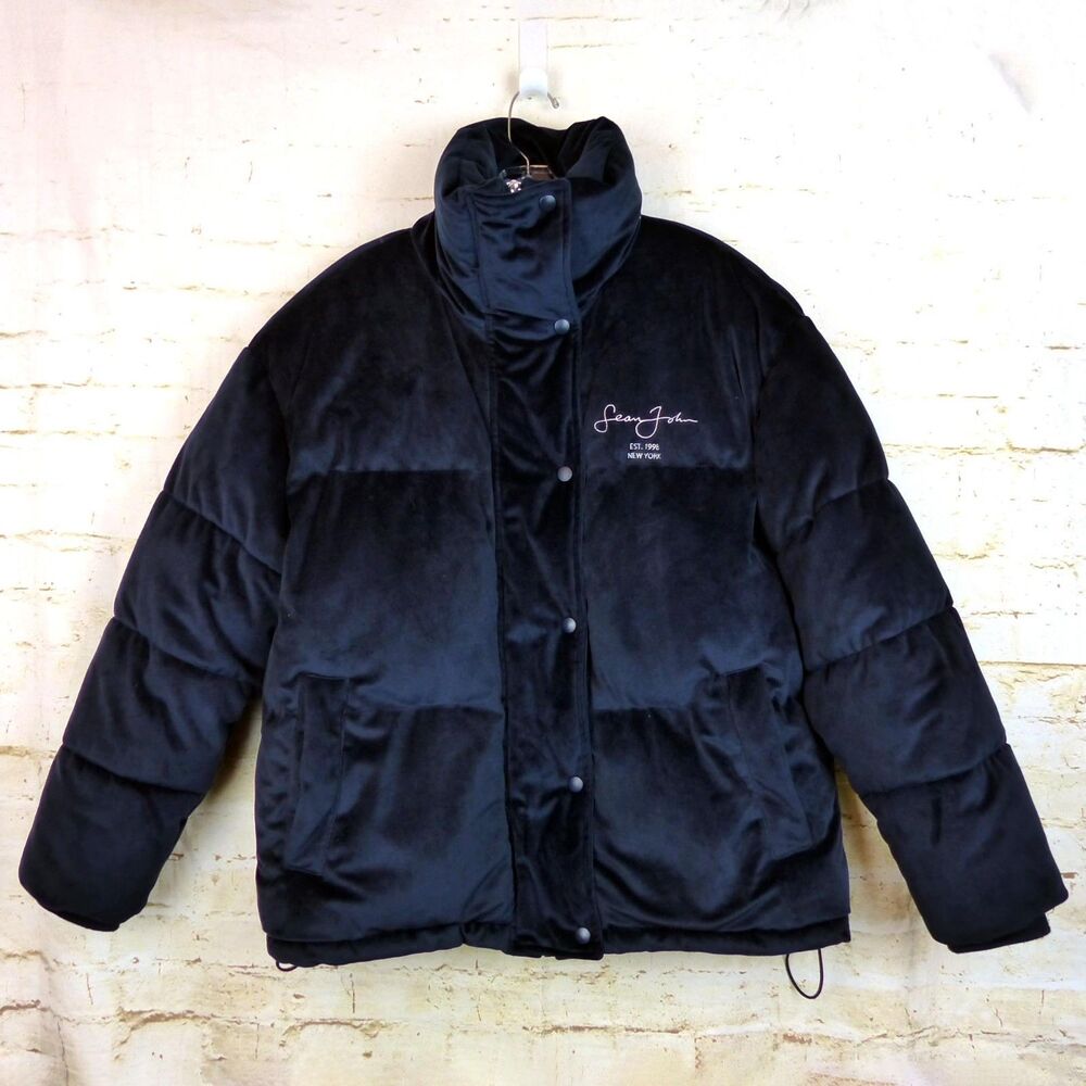 Sean John X Missguided Puffer Jacket Womens 2 US Navy Blue Velour Oversized Y2K - Picture 2 of 16